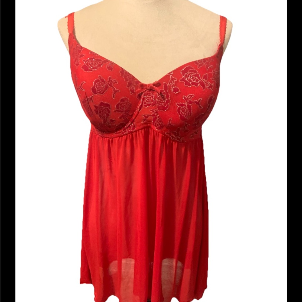 Delta Burke Nightgown Baby Doll Red Lined Glitter Roses Bodice 2X